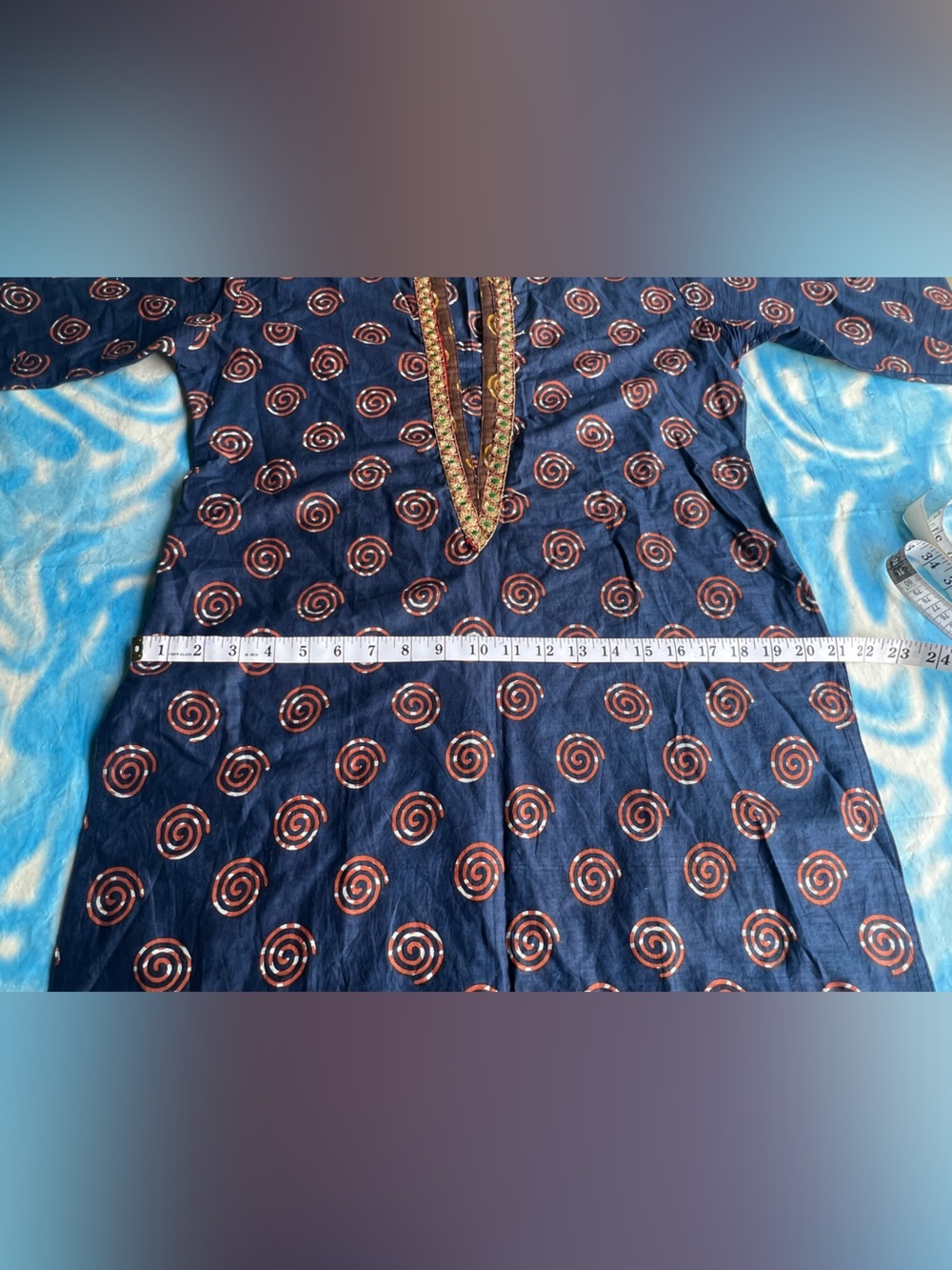 Navy Blue Kurta with Gold Trim - Picture 6 of 7